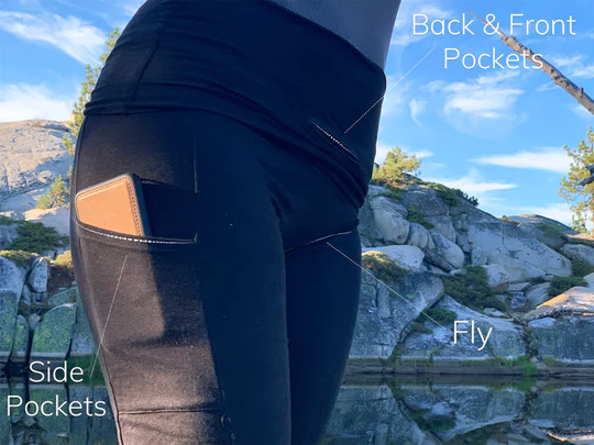 Chickfly brand image: Close up view of black leggings with front, back and side pockets with a special fly that opens through the middle.