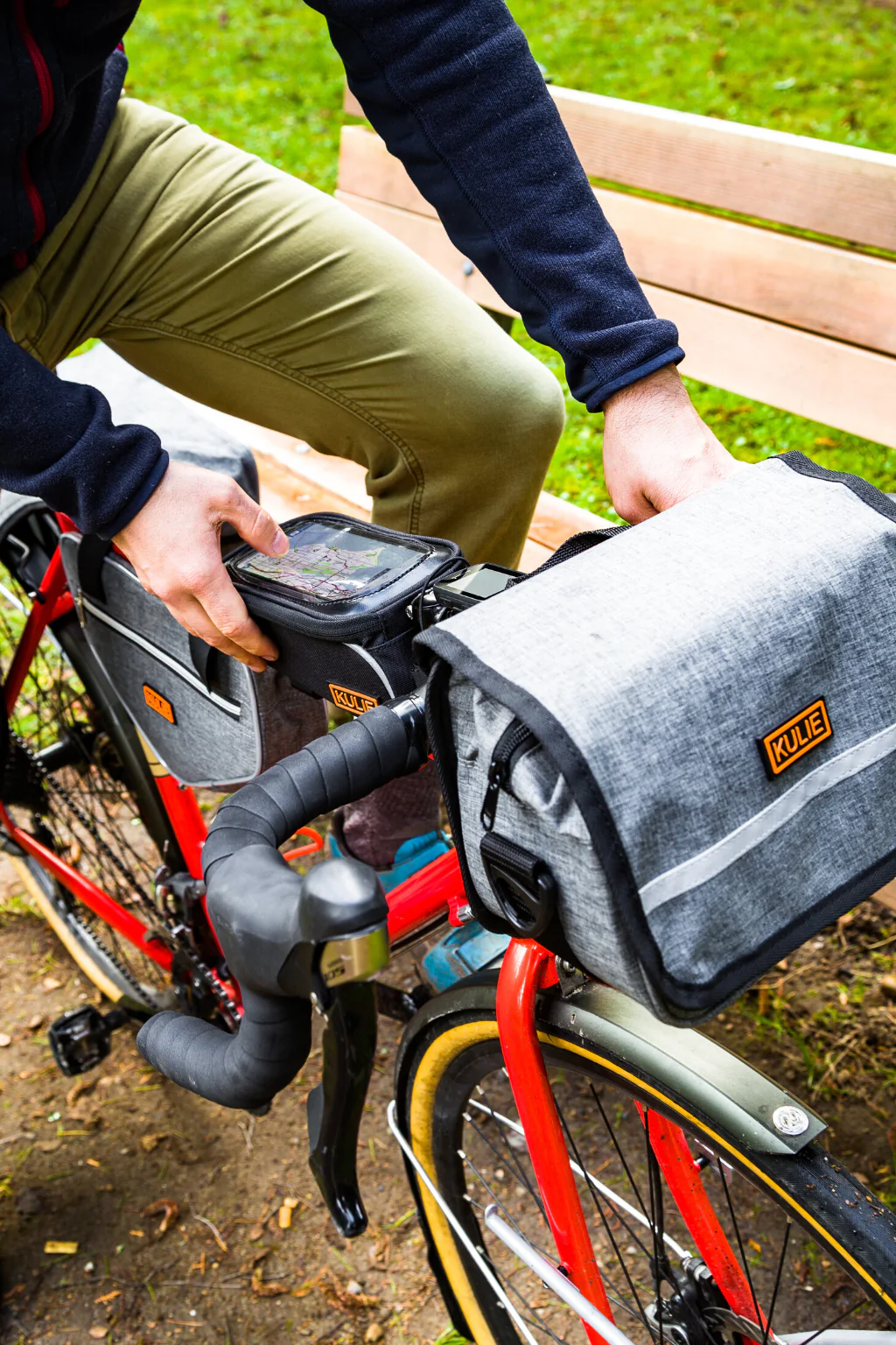 A close up shot of customized storage bags on attached to a bicycle.