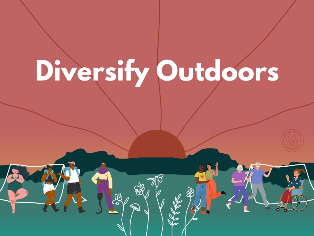 an illustration of people at sunrise with the words "diversify outdoors"