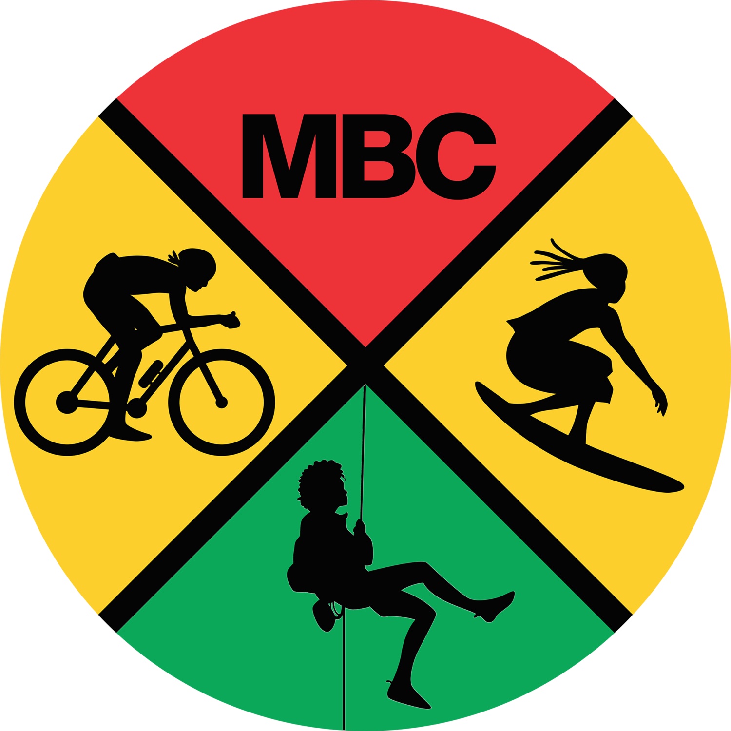 a graphic circle in yellow, red and green with images of a biker, climber and surfer with the letters MBC