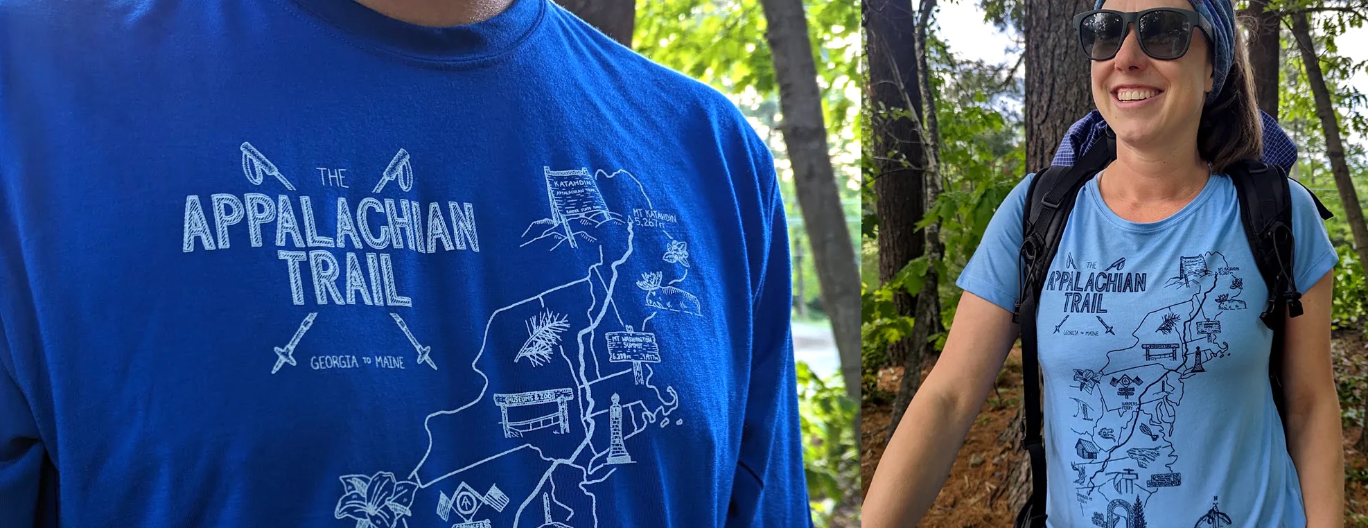 two people are wearing blue shirts with illustrated maps of the Appalachian Trail on them