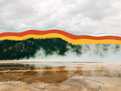 Steam rises over a quiet geyser in Yellowstone National Park. Illustrated bands of orange and yellow outline the far away mountains.